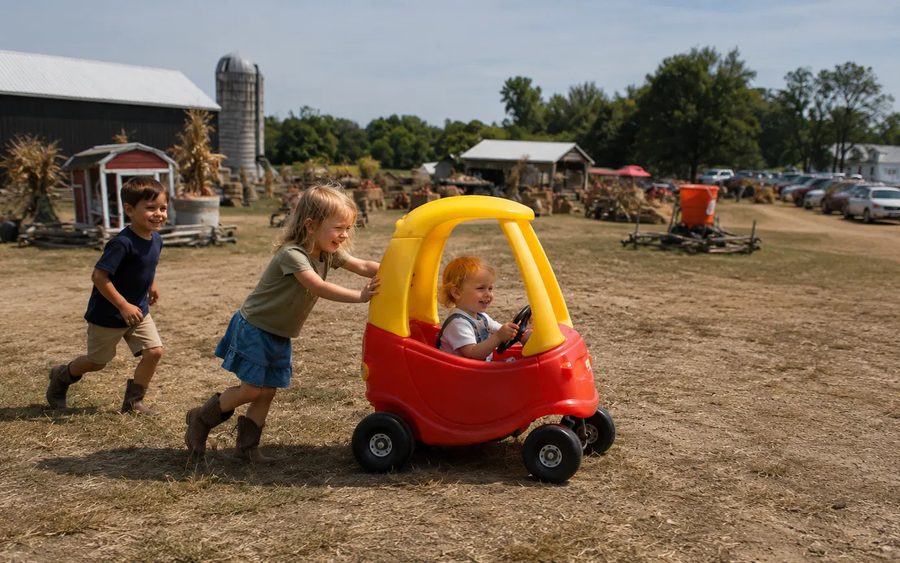 Children playing with the Cozy Coupes at Crawford Farms